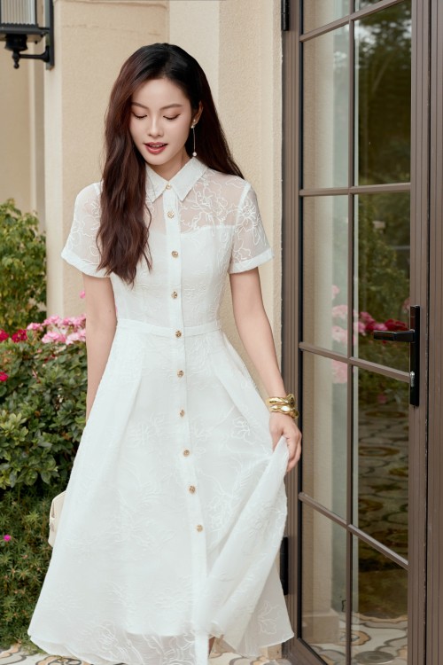 Sixdo White Organza Flared Dress